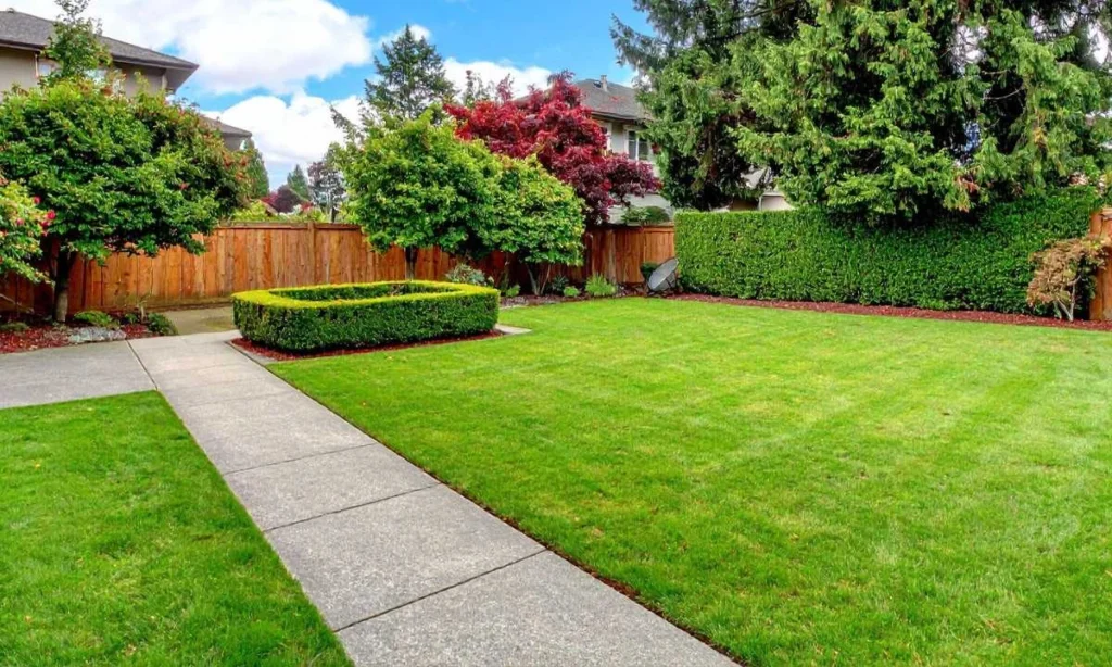 Landscaped Backyard with Green Lawn and Garden