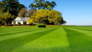 Healthy green lawn with even stripes, showing proper fertilization and weed control