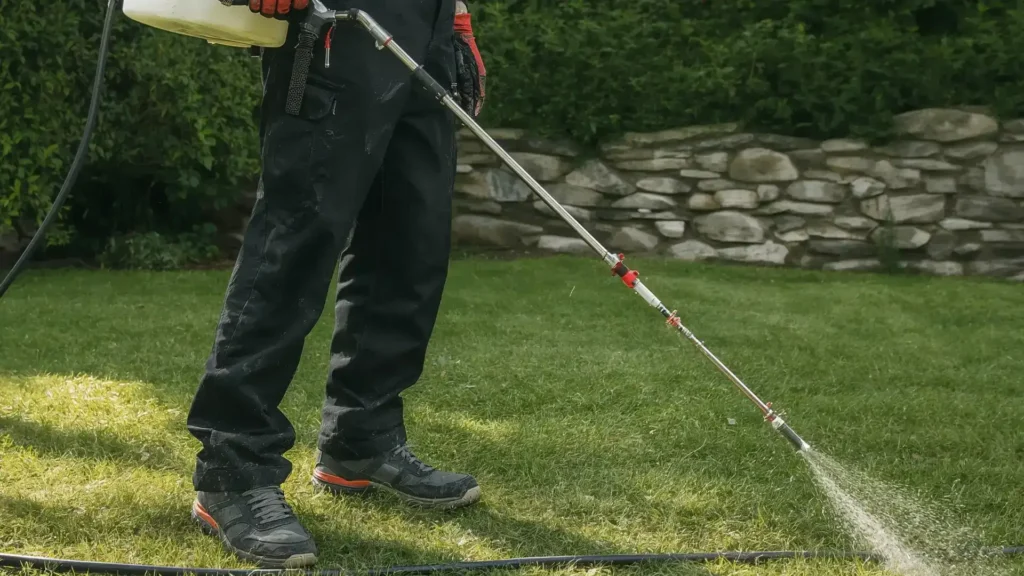 Lawn care specialist spraying weeds on a lawn with a hose sprayer