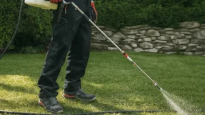 Lawn care specialist spraying weeds on a lawn with a hose sprayer